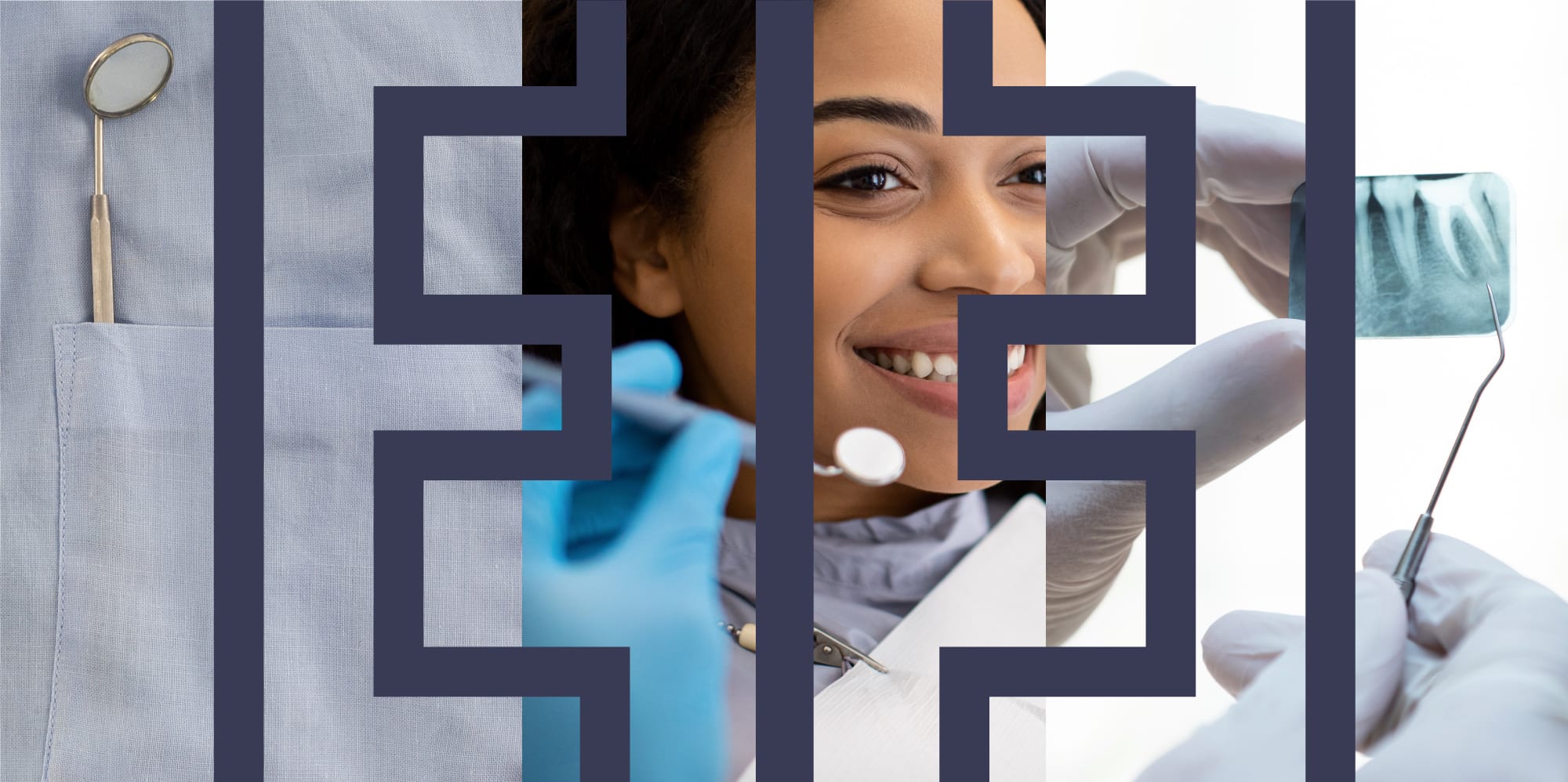 A group of three images. The first one being of a close up of a dental instrument, the second of a young woman smiling, and the third of a close up of a dental Xray